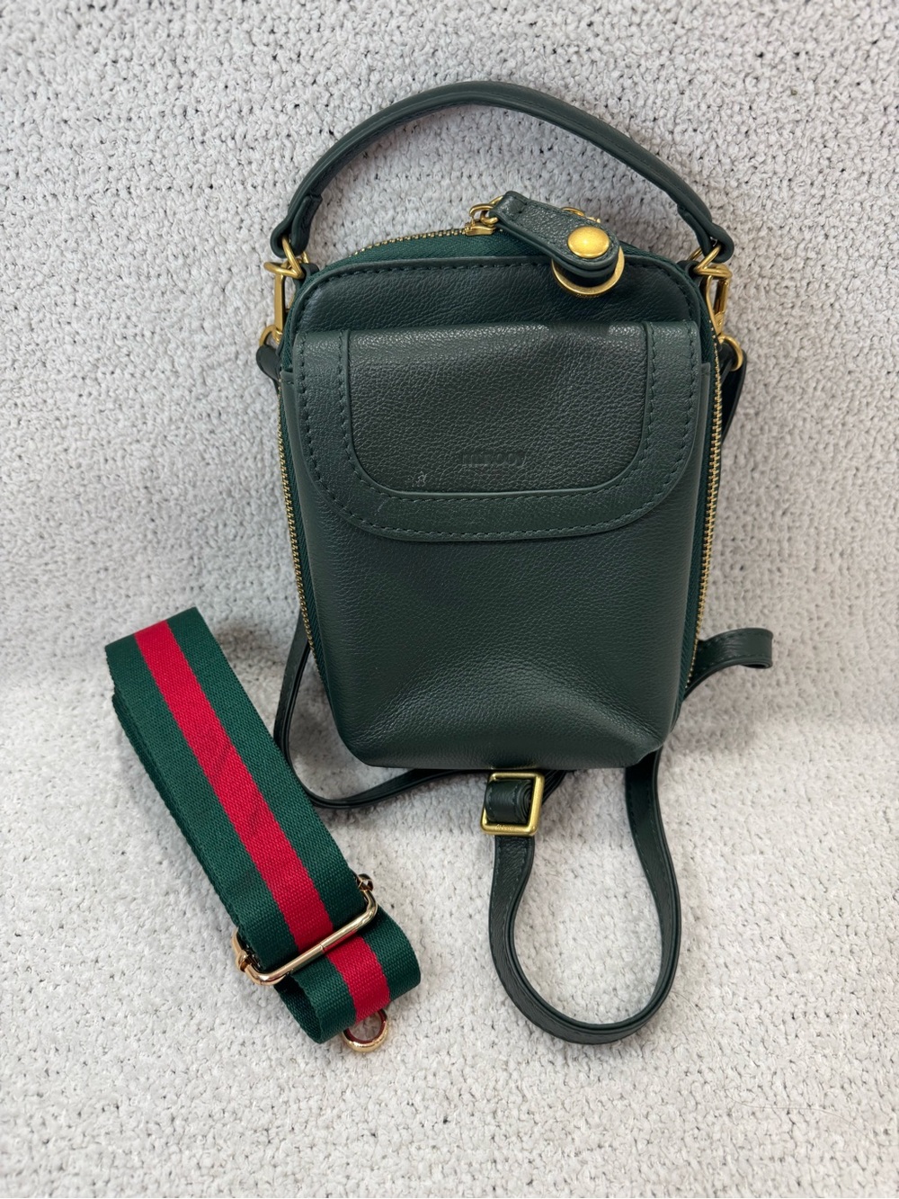 Dark Green Leather Mini Crossbody with Detachable Striped Strap